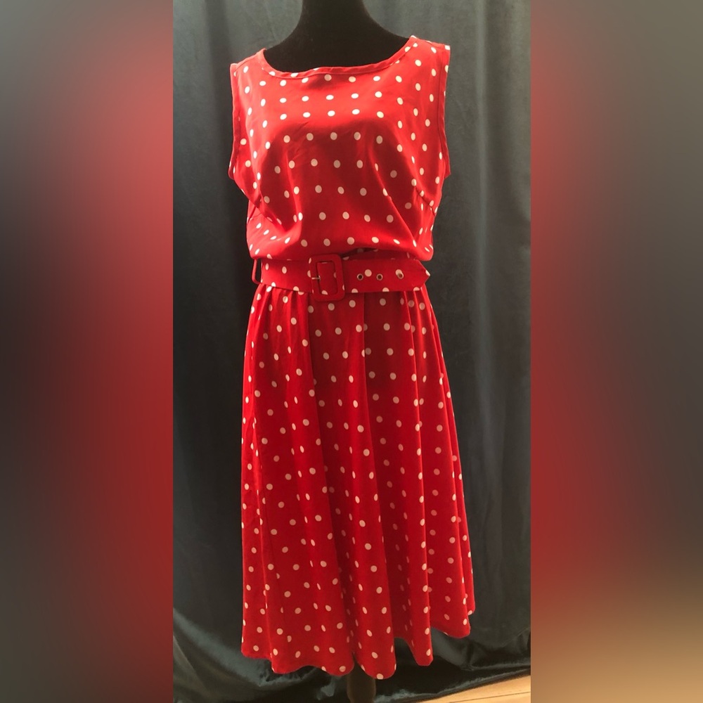 *vintage*  1990s Red and White Polka Dot Dress with belt and buckle.